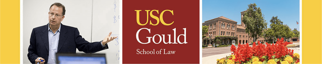 Image of Ed Kleinbard teaching next to USC Gould logo and a photo of campus